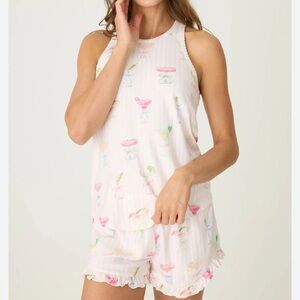 P.J. Salvage Pink Stripe Cocktail-Print Cold-Shoulder Tank and Shorts Set